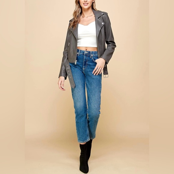 Faux Leather Zip Up Moto Biker Jacket -grey - Picture 5 of 7